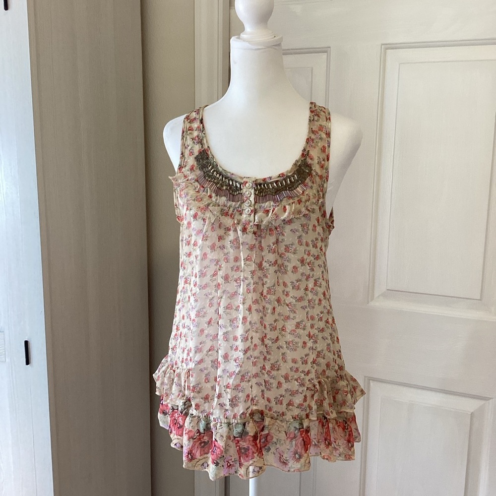 Imaginary Voyage Sheer Floral Ruffle Hem Tank Top Size M